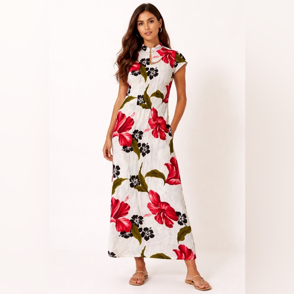 Tropical Hibiscus Maxi Dress Resort Boho Island Coastal Vacation XL